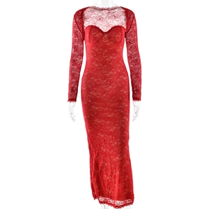Detail view of the red lace long sleeve bodice and elegant fishtail skirt design