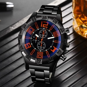 Close-up of black metal quartz watch featuring vibrant orange numerals and sub-dials