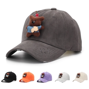 Distressed Baseball Cap Cotton Ripped Brim With Plush Bear And Cherry Ornament Curved Brim Adjustable Casual Sweet Hat