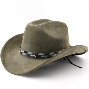 Olive green faux suede cowboy hat with stylish ethnic beaded band and wide brim