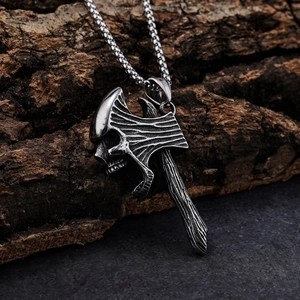 Retro gothic skull axe pendant necklace in antique silver finish on natural tree bark