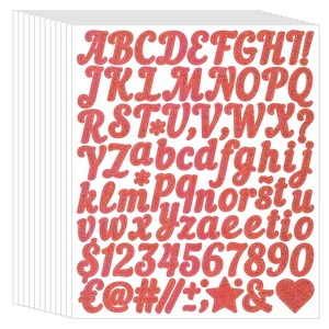 Detail of glitter red alphabet and number stickers with a sparkling sand texture finish