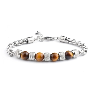 Detail of tiger eye beads and stainless steel chain with textured metal spacers