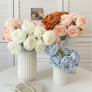 Artificial 7-head rose bouquet in ceramic vase for home wedding and table decoration