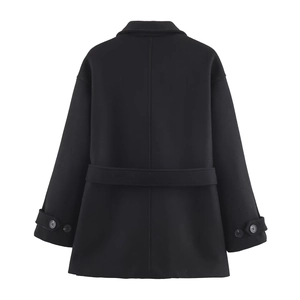 Detailed back view of casual black wool coat featuring waist belt and button cuffs