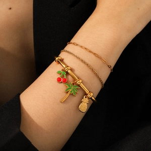 Bracciale Rigido Con Ciondoli In Acciaio Inossidabile Placcato Oro Con Pendenti In Smalto Frutta Tropicale Da Donna