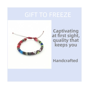 Detail of colorful handmade woven bohemian bracelet with adjustable braided rope closure