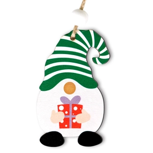 Festlicher Weihnachtsgnom Holzanhänger mit grünen Streifen und rotem Geschenkbox-Detail