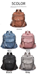 Detailed view of the multi-colored PU leather backpack collection in five stylish options