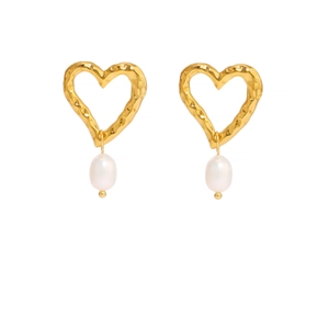 French vintage hollow heart earrings in gold finish with elegant dangling white pearls