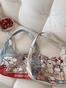 Cartoon Bear Dog Print Canvas Tote Bag Large Capacity Casual Shoulder Handbag For Women Student Japanese Style