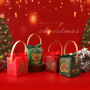 Christmas Gift Boxes Cardboard Candy Apple Packaging Portable Handle Ribbon Bow Transparent Window Festive Party Decoration