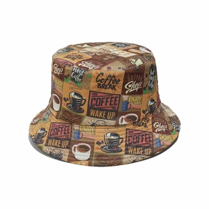 Detail shot of vintage canvas bucket hat with coffee-themed prints and retro patterns