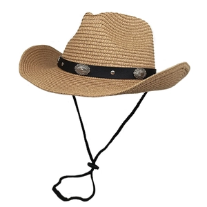 Chapeau de cowboy en paille tressée kaki avec boucles argentées et cordon coupe-vent