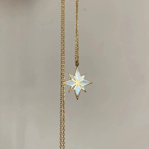 18K gold plated titanium necklace featuring an eight-pointed star pendant with abalone shell