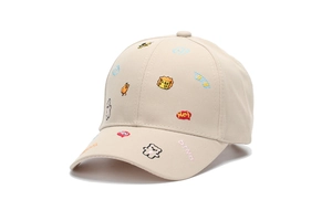 Close-up of beige cotton baseball cap with colorful cartoon animal embroidery details