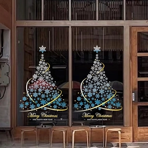 Christmas tree window stickers with blue snowflakes and golden Merry Christmas text for glass