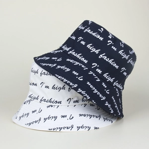 Double-sided navy and white bucket hat with all-over fashion letter print for sun protection