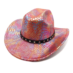 Detail of holographic snake pattern and silver studs on a western cowboy jazz hat