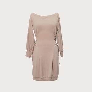 Off Shoulder Ribgebreide Mini Jurk Lange Mouwen Veters Aan De Zijkant Slim Fit Bodycon Sexy Clubwear Voor Dames