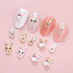 Süße 3D Hasen Nagelkunst Anhänger mit Perlen und Strasssteinen in Gold und Silber