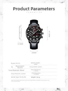 Detailed spec sheet showing a black dial business quartz watch with leather strap