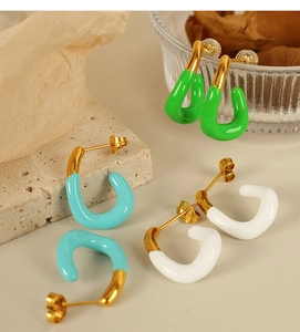 Detailansicht der runden Emaille-Ohrringe im französischen Vintage-Stil in Grün, Cyan und Weiß