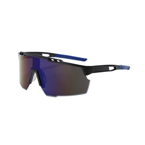 Outdoor cycling sunglasses with black frame and blue-purple mirrored lenses in a 45-degree view