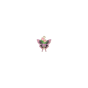 Macro shot of pink and black enamel butterfly pendant with gold tulip and bow details