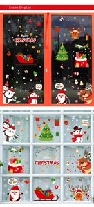 Detailed Christmas window decals showing Santa, reindeer and snowman on glass panels