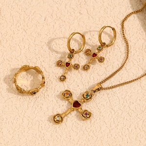 Gold-plated stainless steel jewelry set with colorful cross necklace, earrings and ring