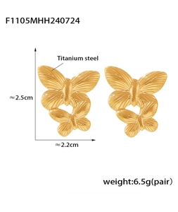 Detail view of 18k gold plated titanium steel butterfly earrings with size measurements
