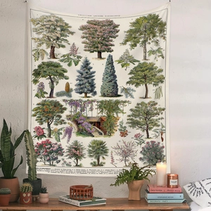 Detail of vintage botanical tapestry with ornamental plants hanging over home decor