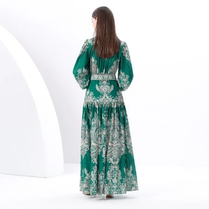 Vintage dark green long sleeve dress with classical print and elegant lantern sleeves