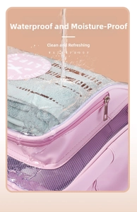 Close-up of waterproof pink wash bag showing dual-layer storage and water-resistant PVC top