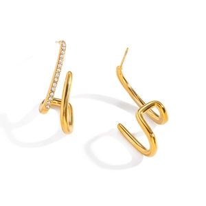 Modern irregular linear earrings in 18K gold plated steel with sparkling zircon stones