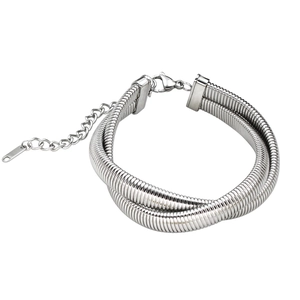 Detail of silver multi-layer snake bone bracelet with lobster clasp and extension chain