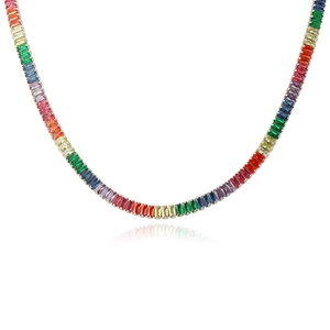 Rainbow rectangle cubic zirconia tennis necklace in silver finish on white background