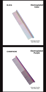 Detail view of professional colorful metal pet grooming combs with high-density rounded teeth