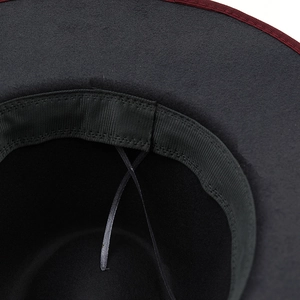 British style dark gray wool felt fedora hat featuring red trim and adjustable inner band