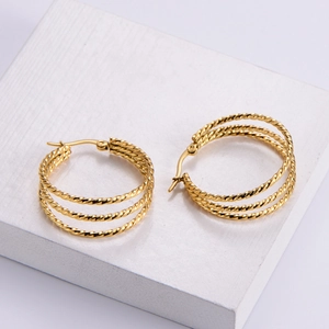 Three-layer gold twisted rope hoop earrings made of high-quality stainless steel metal
