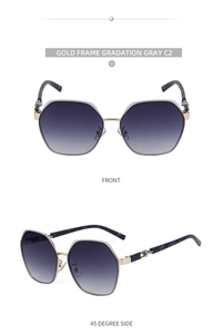 Front and 45-degree side views of square gold metal sunglasses with gradient grey lenses