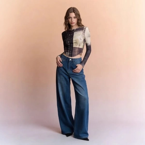 Wide Leg Jeans Women High Waisted Retro Washed Cotton Denim Loose Straight Full Length Trousers Fashion Streetwear Blue