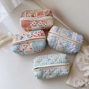 Quilted Cotton Cosmetic Bag Floral Grid Mini Makeup Pouch Travel Toiletry Storage Zipper Canvas Padded Case