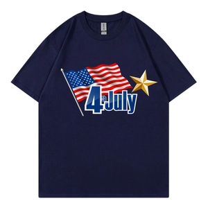 Detailed view of the 4th July American flag print on a navy blue cotton T-shirt