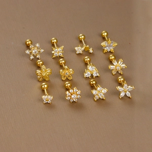 Stainless Steel Cartilage Stud Earrings Micro Inlaid Zircon Star Flower Snowflake Shape Screw Ball Back Piercing Jewelry