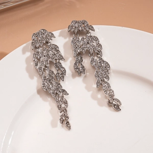 Silver leaf tassel earrings with sparkling rhinestones for elegant evening parties