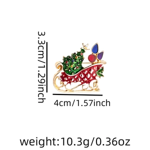 Detailed view of Christmas sleigh brooch with tree and gift boxes, size 3.3x4cm