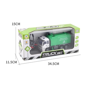 Green remote control garbage truck toy with lights and remote in 45-degree angle packaging