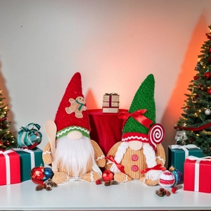 Christmas gingerbread gnomes plush set with red and green knit hats for holiday decor